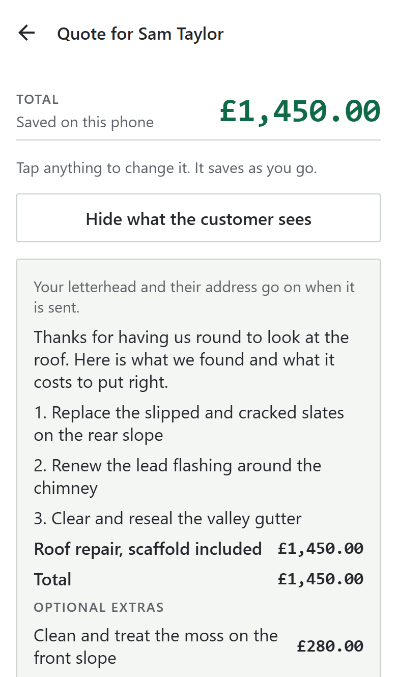 The Falcon app showing a quote built for one job, ready to send.
